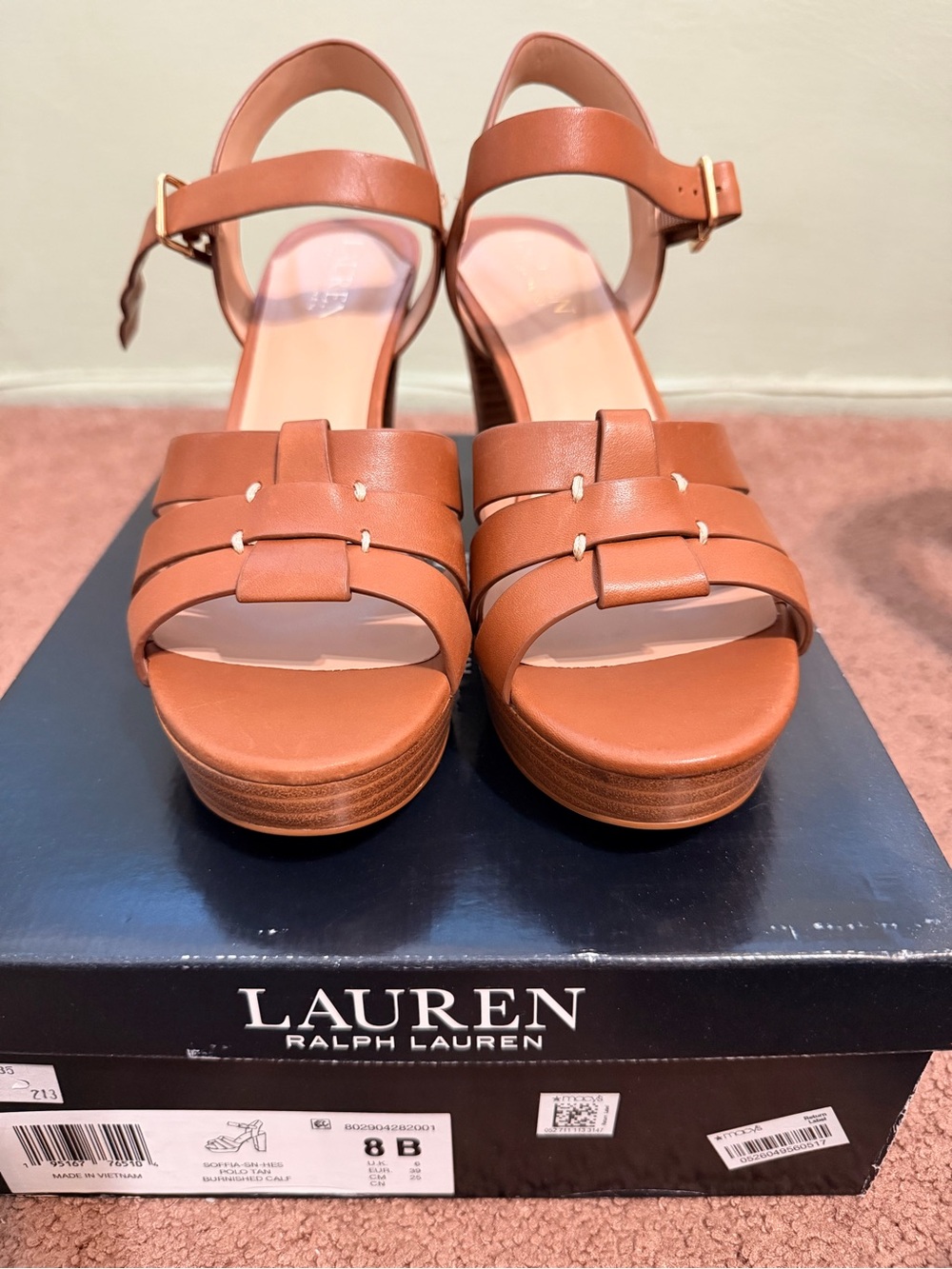 Ralph Lauren Brown Leather Platform Heeled Sandals